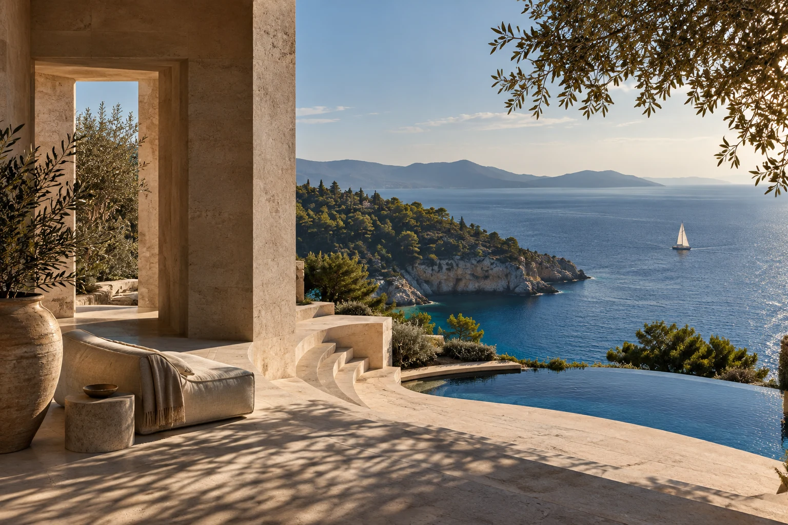 Editorial illustration of an Aegean terrace by the water