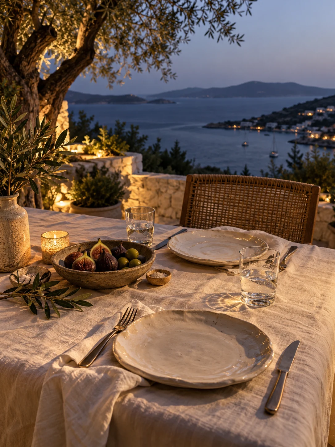 Editorial illustration of a dinner on the Aegean coast